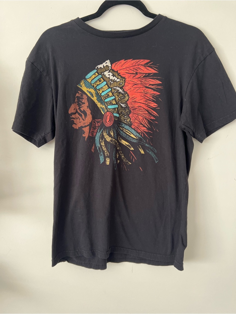 Black Graphic Tee with Red Feather Headdress - Men's Shirt